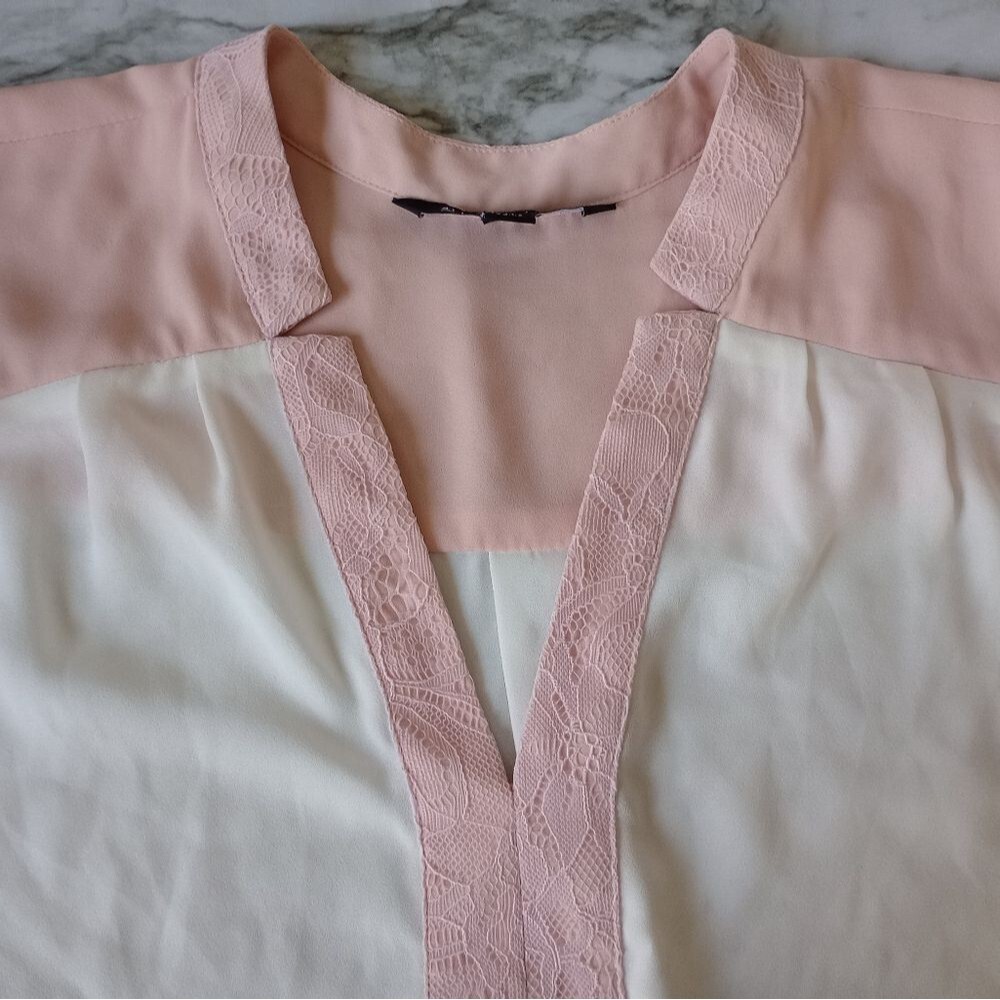41 Hawthorn Pink White Long Sleeve Blouse Lace Trim Size XL - Picture 2 of 8